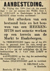 <p>Aanbesteding in de krant van de sloop van herberg 'De Zon' en de bouw van de door G. Beltman ontworpen villa (www.delpher.nl). </p>
